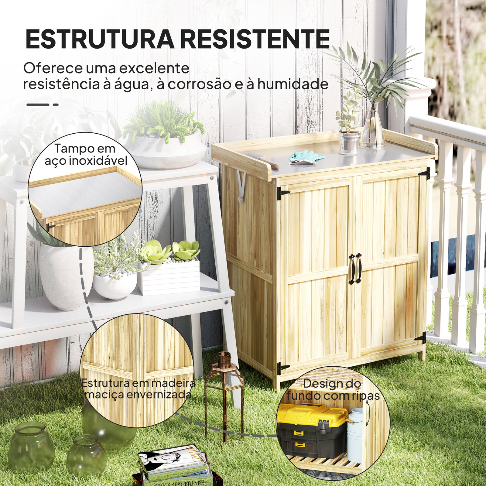 Armário de exterior em madeira com tampo basculante prateleira 2 portas para armazenamento de ferramentas 74x43x88 cm madeira