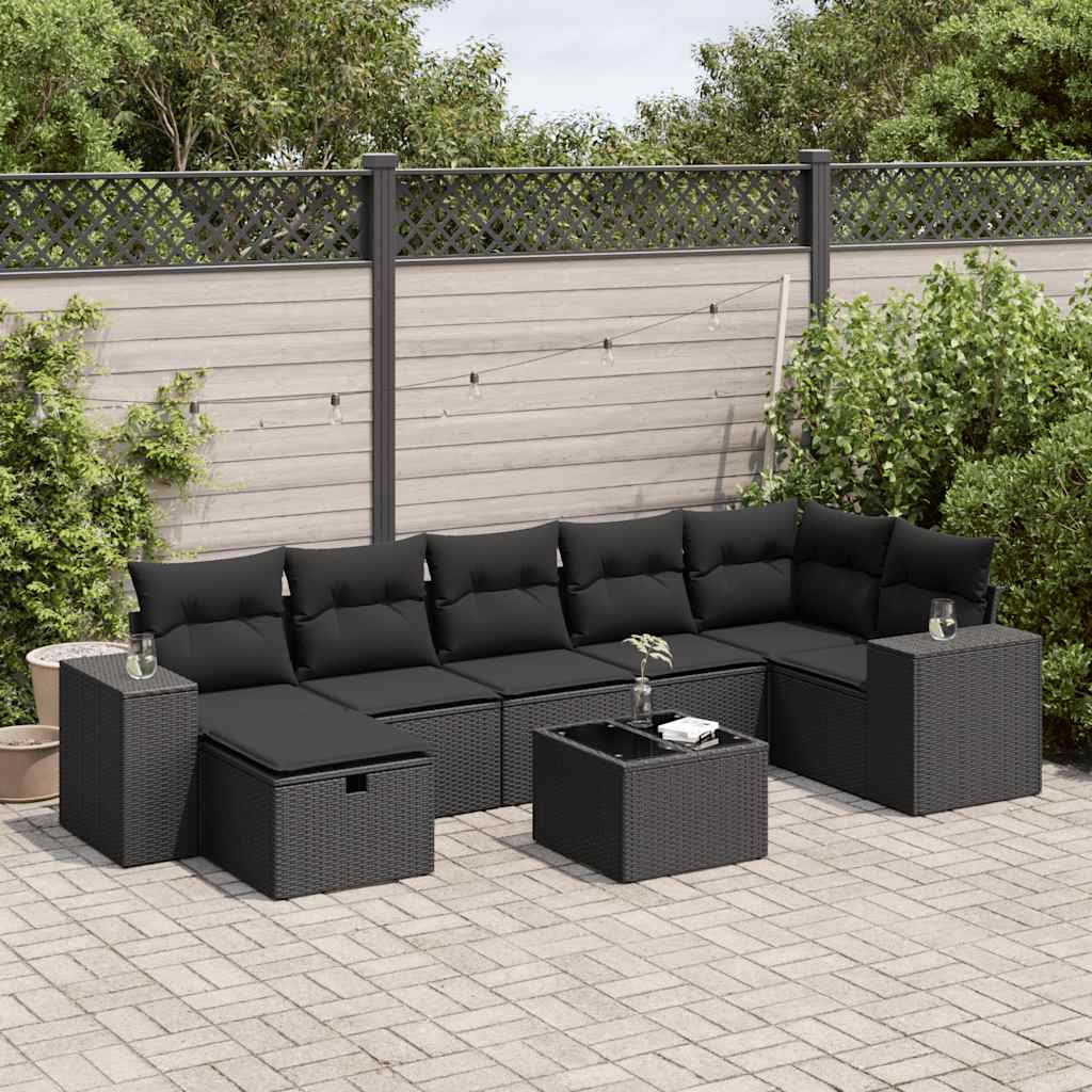 8 Pcs conjunto sofás de jardim com almofadões vime PE preto