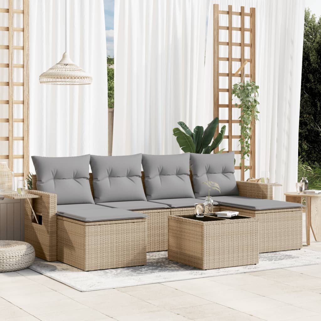 7 Pcs conjunto de sofás p/ jardim com almofadões vime PE bege
