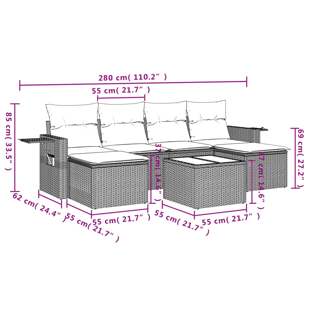 7 Pcs conjunto de sofás p/ jardim com almofadões vime PE bege