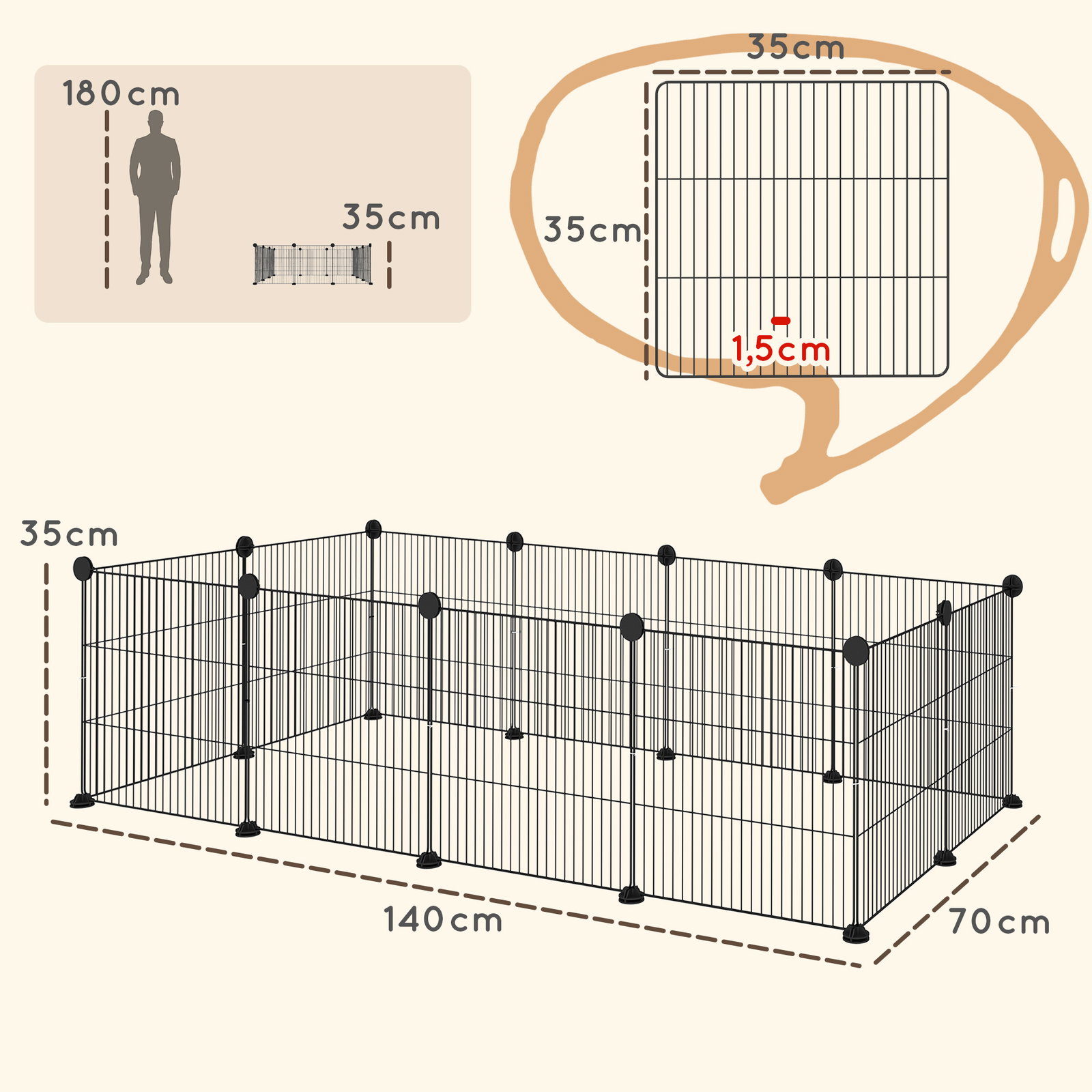 Recinto de metal para animais de estimação recinto metálico com 12 painéis para pequenos animais DIY 140x70x35 cm preto