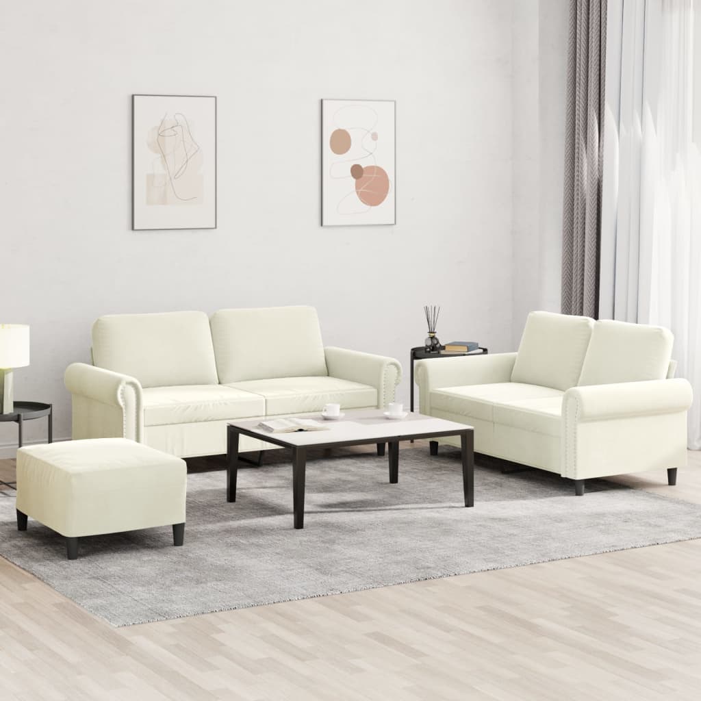 3 Pcs conjunto de sofás com almofadões veludo cor creme