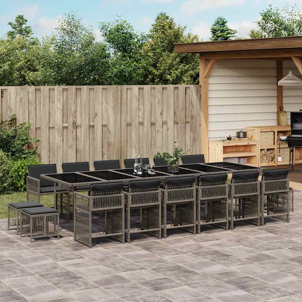 17 Pcs conj. de jantar p/ jardim c/ almofadões vime PE cinzento