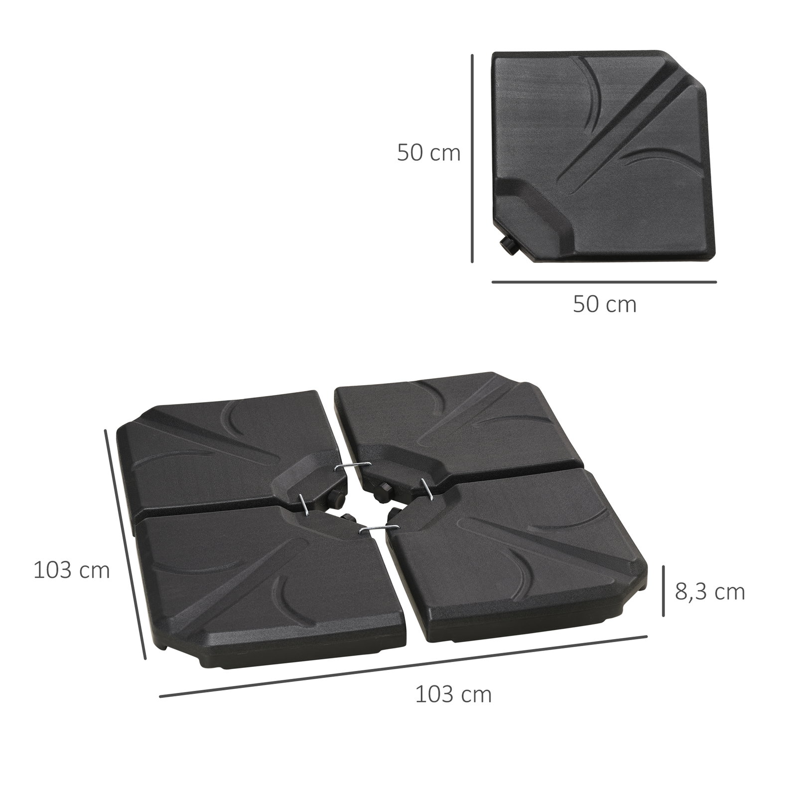 Base para chapéu de sol de 4 peças recarregável com areia 72 kg ou água 56 kg para jardim pátio ou terraço preto