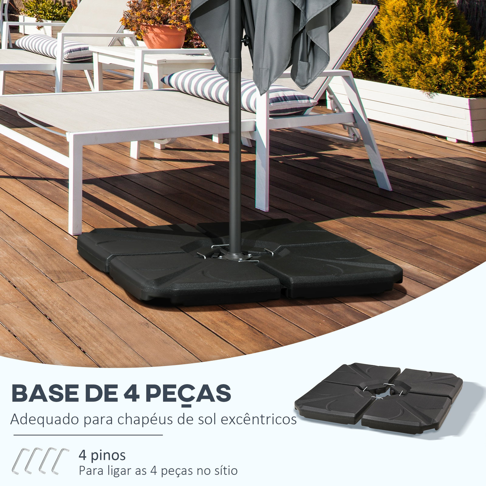 Base para chapéu de sol de 4 peças recarregável com areia 72 kg ou água 56 kg para jardim pátio ou terraço preto