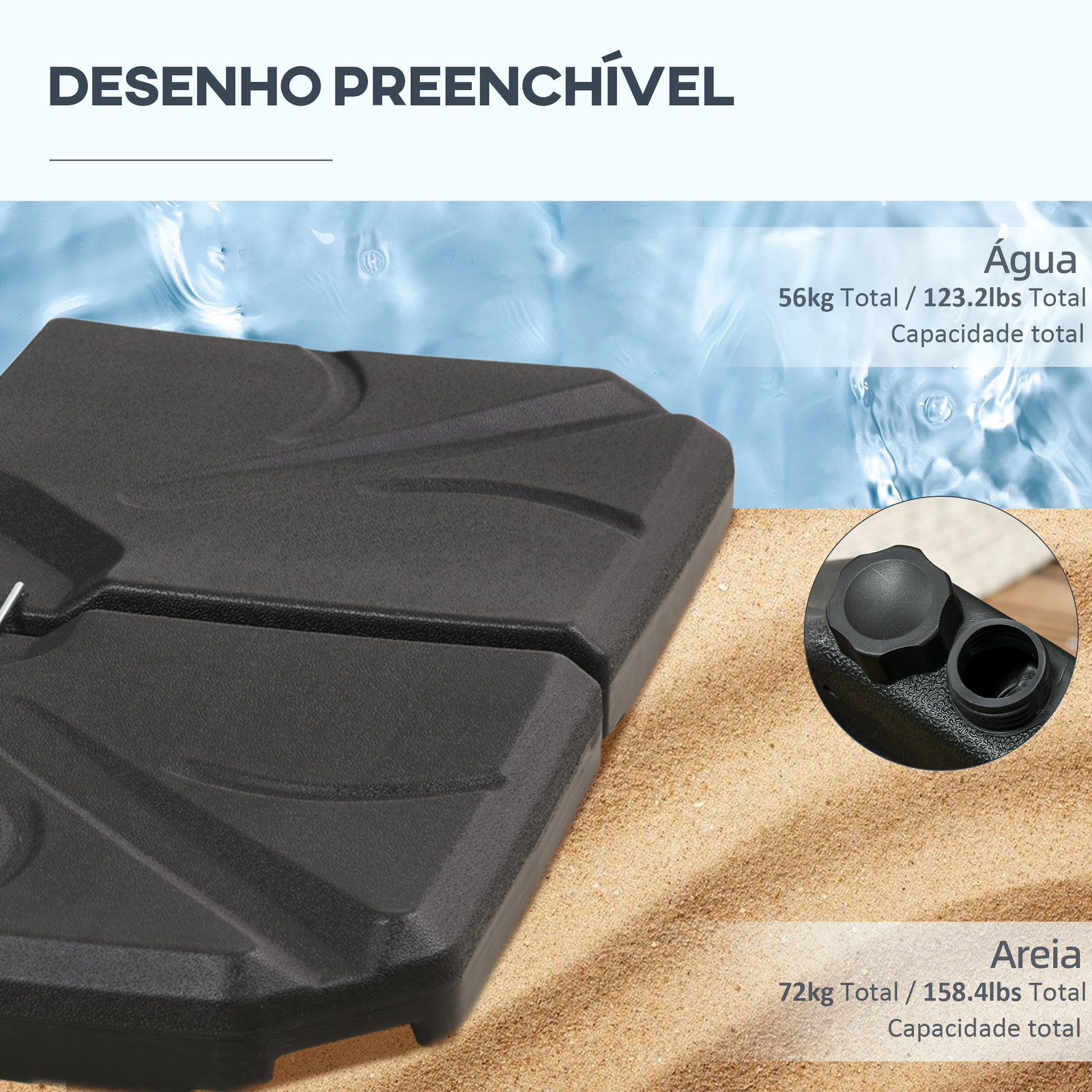 Base para chapéu de sol de 4 peças recarregável com areia 72 kg ou água 56 kg para jardim pátio ou terraço preto