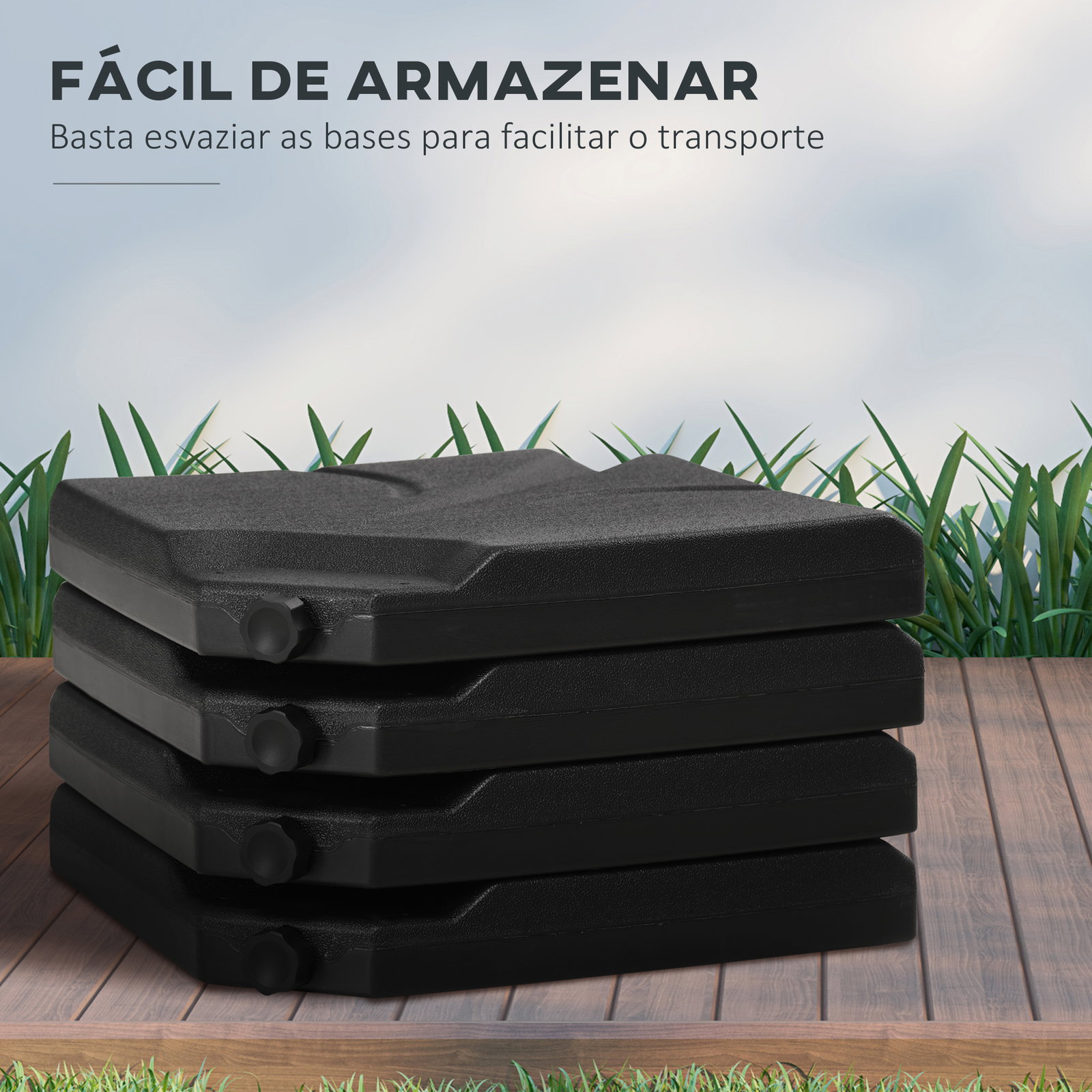 Base para chapéu de sol de 4 peças recarregável com areia 72 kg ou água 56 kg para jardim pátio ou terraço preto