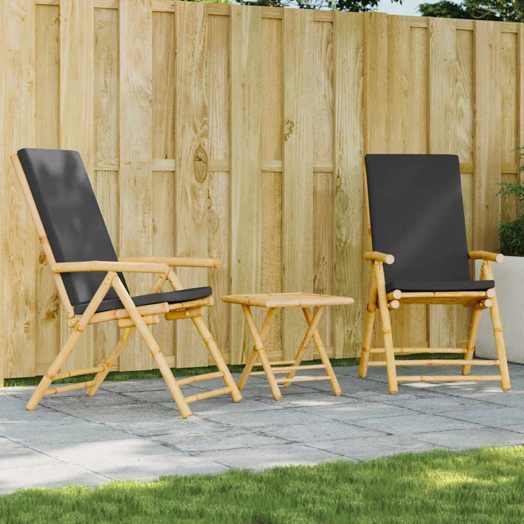 3 Pcs conjunto bistrô dobrável c/ almofadões cinza escuro bambu
