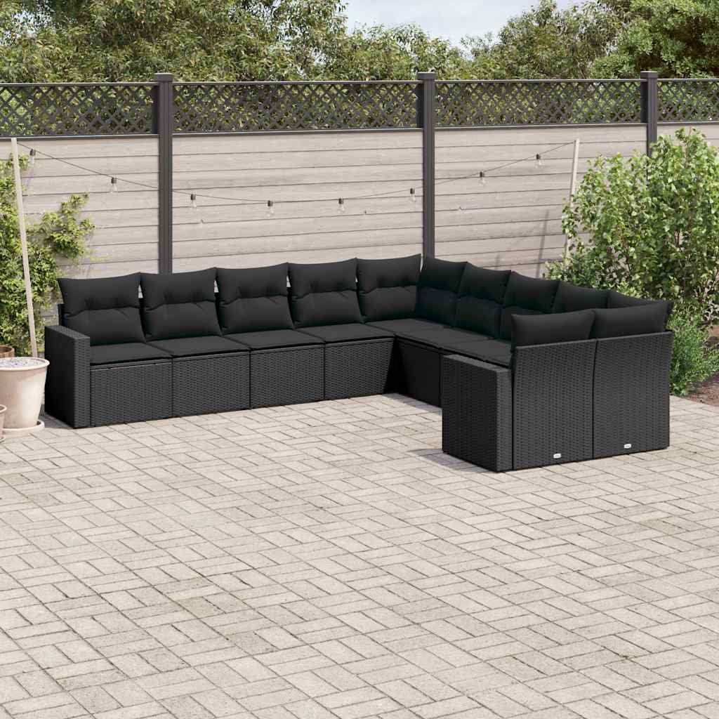 10 Pcs conjunto sofás de jardim c/ almofadões vime PE preto