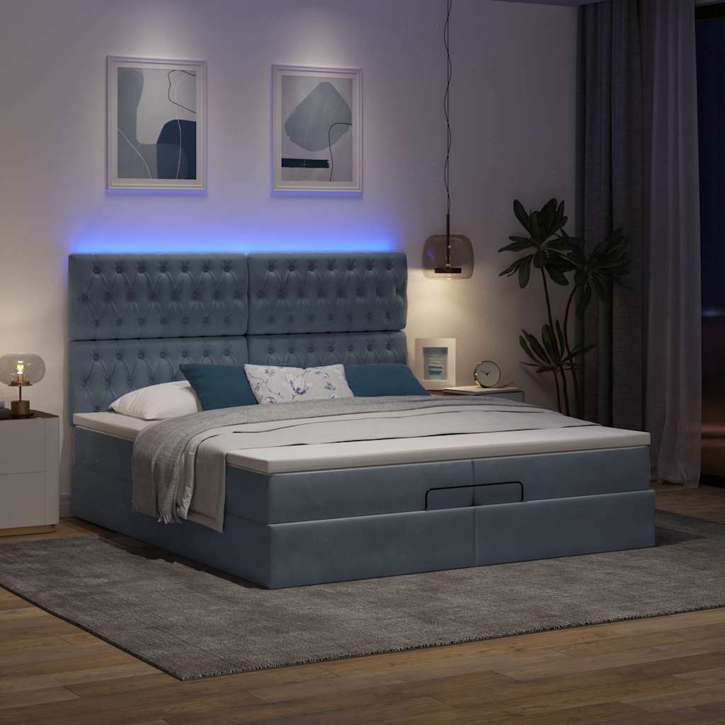 Moldura de cama otomana com colchão cinza escuro veludo