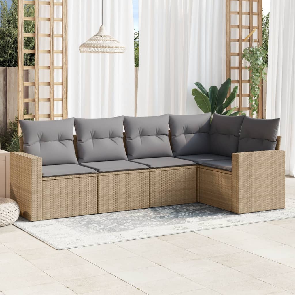 5 Pcs conjunto de sofás p/ jardim com almofadões vime PE bege