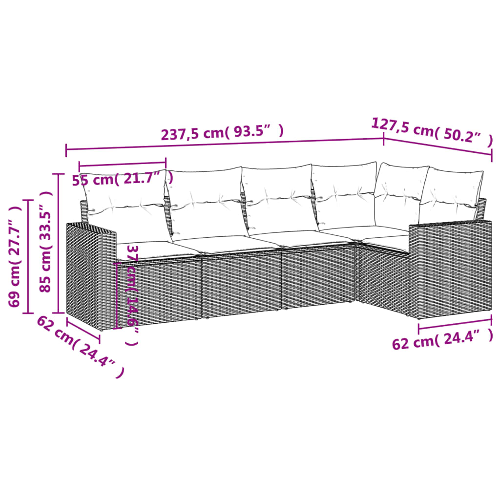 5 Pcs conjunto de sofás p/ jardim com almofadões vime PE bege