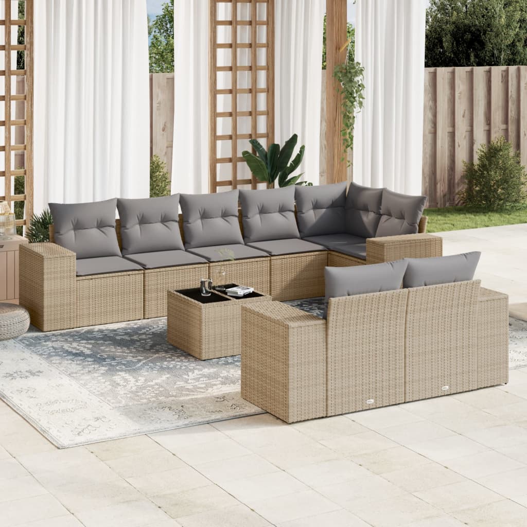9 Pcs conjunto de sofás p/ jardim com almofadões vime PE bege