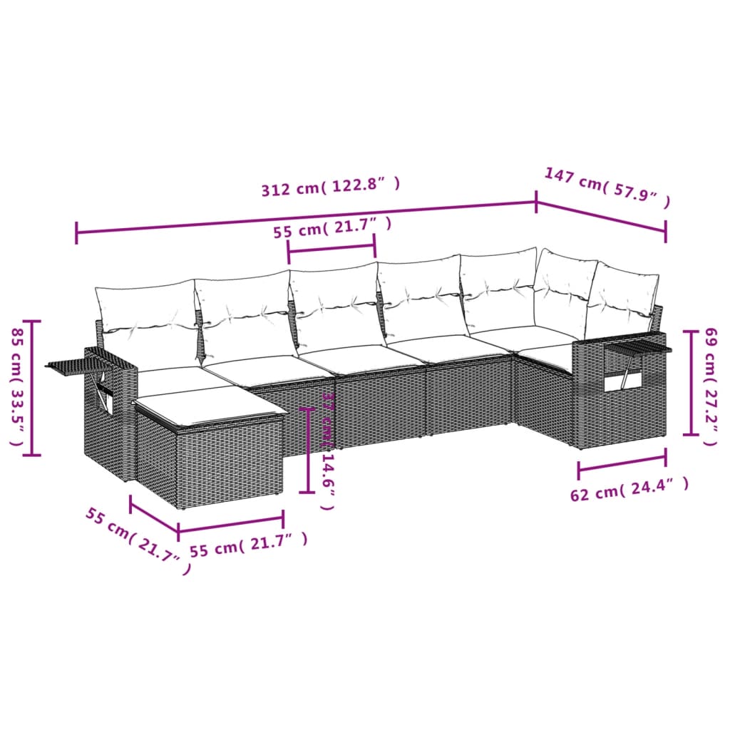 7 Pcs conjunto de sofás jardim c/ almofadões vime PE castanho