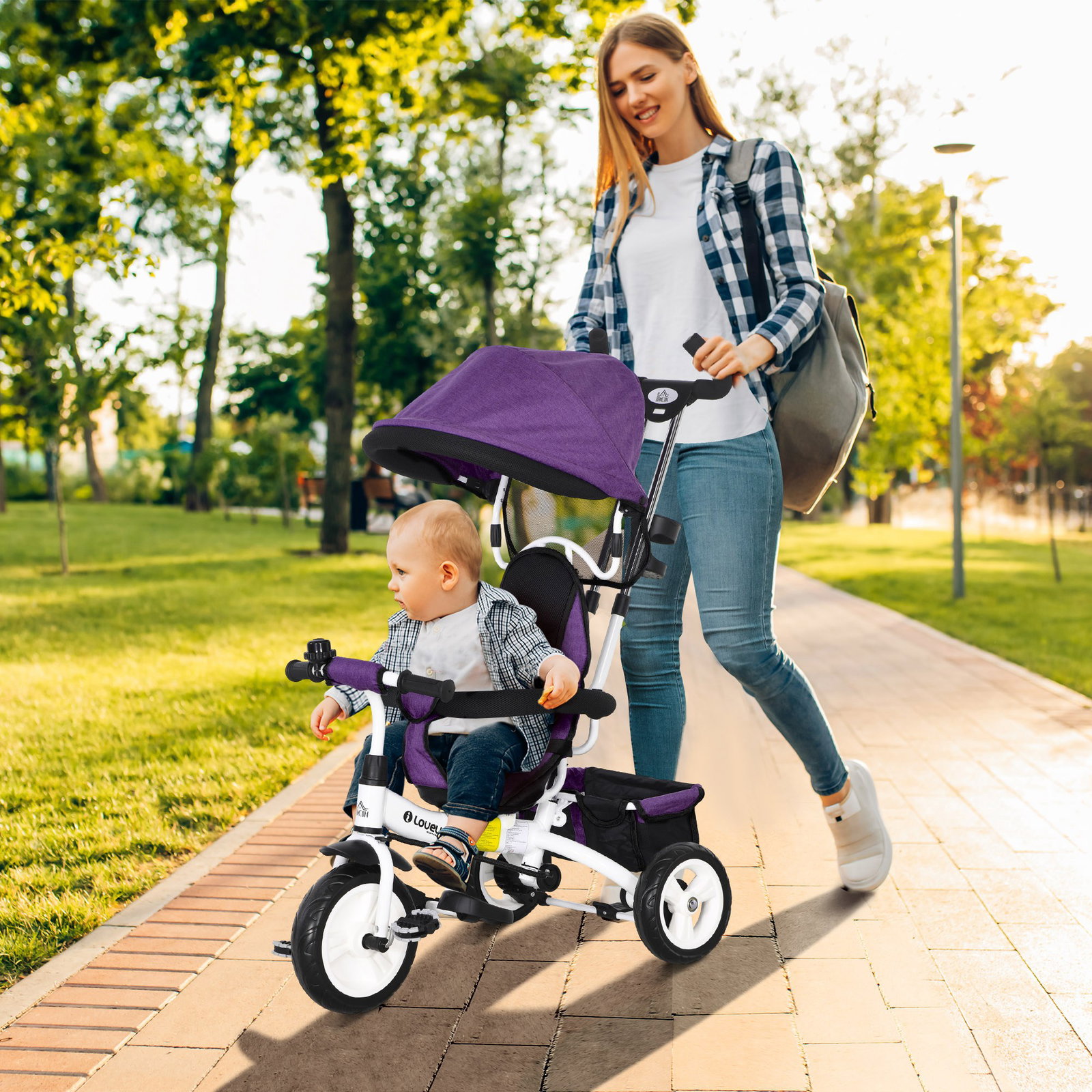 Triciclo evolutivo para bebés de +12 meses 2 em 1 com toldo dobrável guiador cinto de segurança e cesto 95x50x106 cm roxo