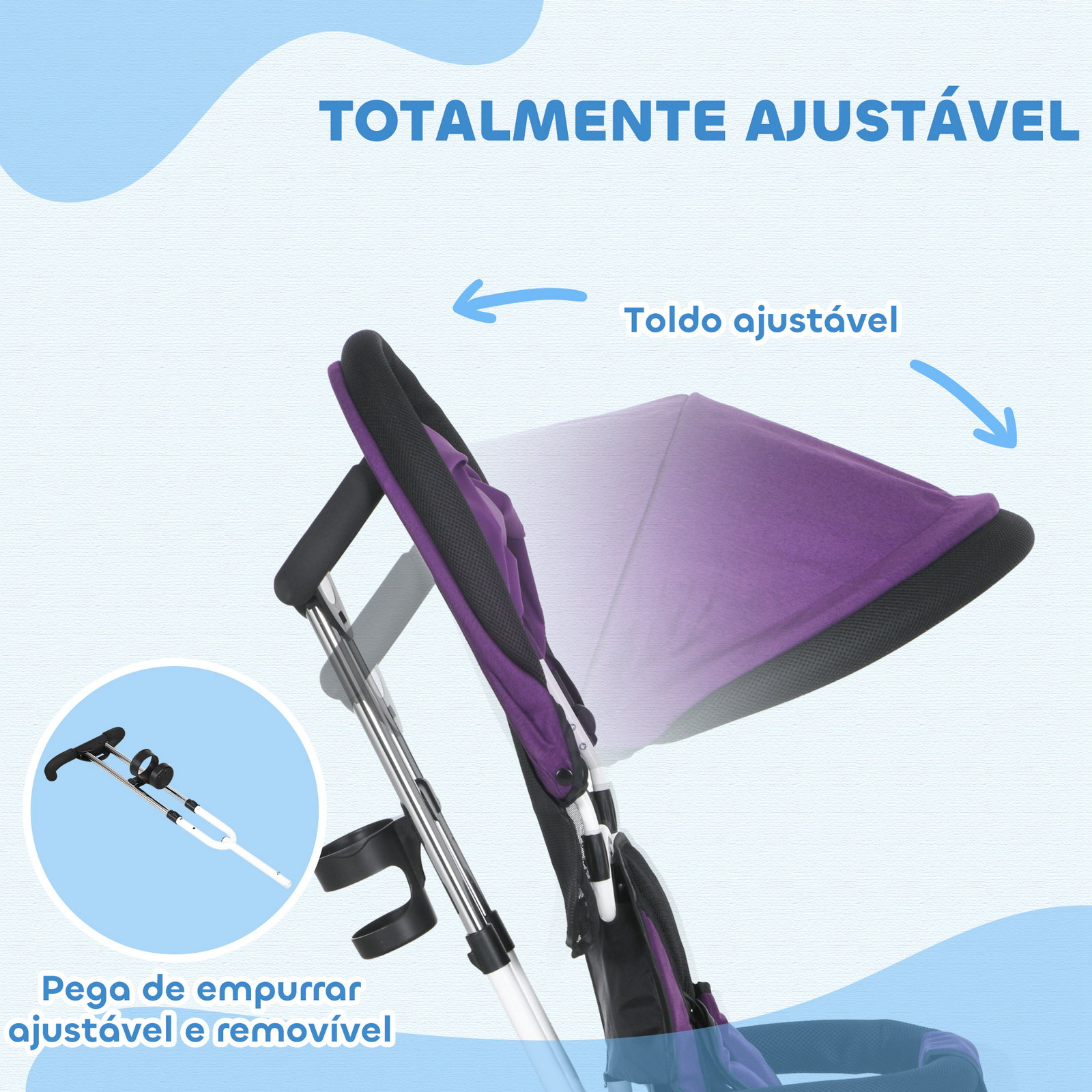 Triciclo evolutivo para bebés de +12 meses 2 em 1 com toldo dobrável guiador cinto de segurança e cesto 95x50x106 cm roxo