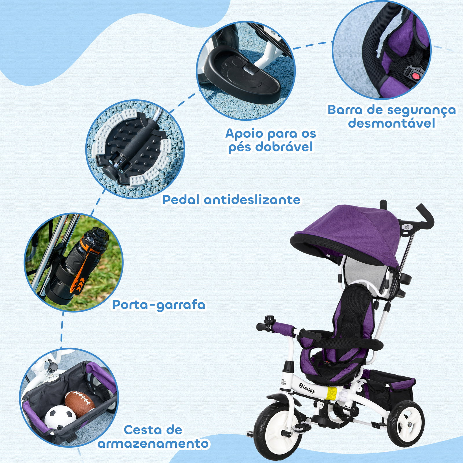 Triciclo evolutivo para bebés de +12 meses 2 em 1 com toldo dobrável guiador cinto de segurança e cesto 95x50x106 cm roxo