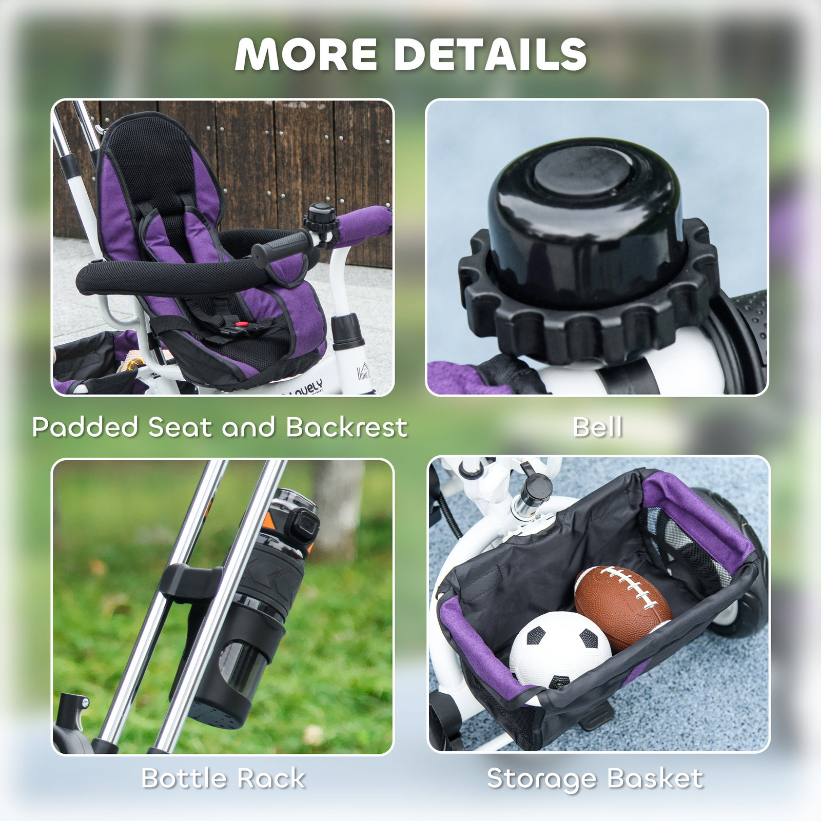 Triciclo evolutivo para bebés de +12 meses 2 em 1 com toldo dobrável guiador cinto de segurança e cesto 95x50x106 cm roxo