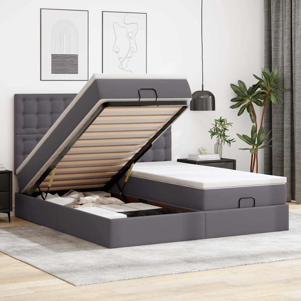 Estrutura de cama otomana com colchão cinza couro falso