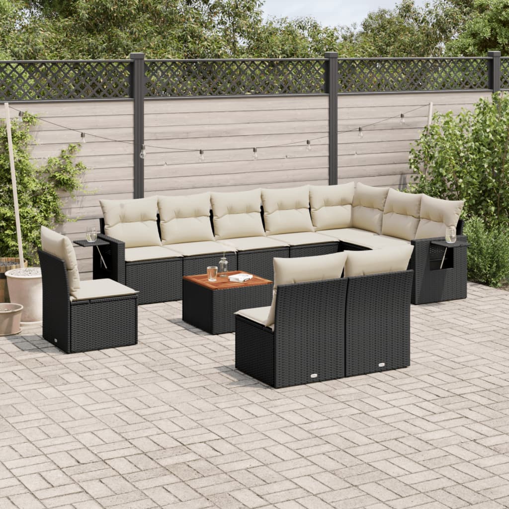 11 Pcs conjunto sofás de jardim c/ almofadões vime PE preto