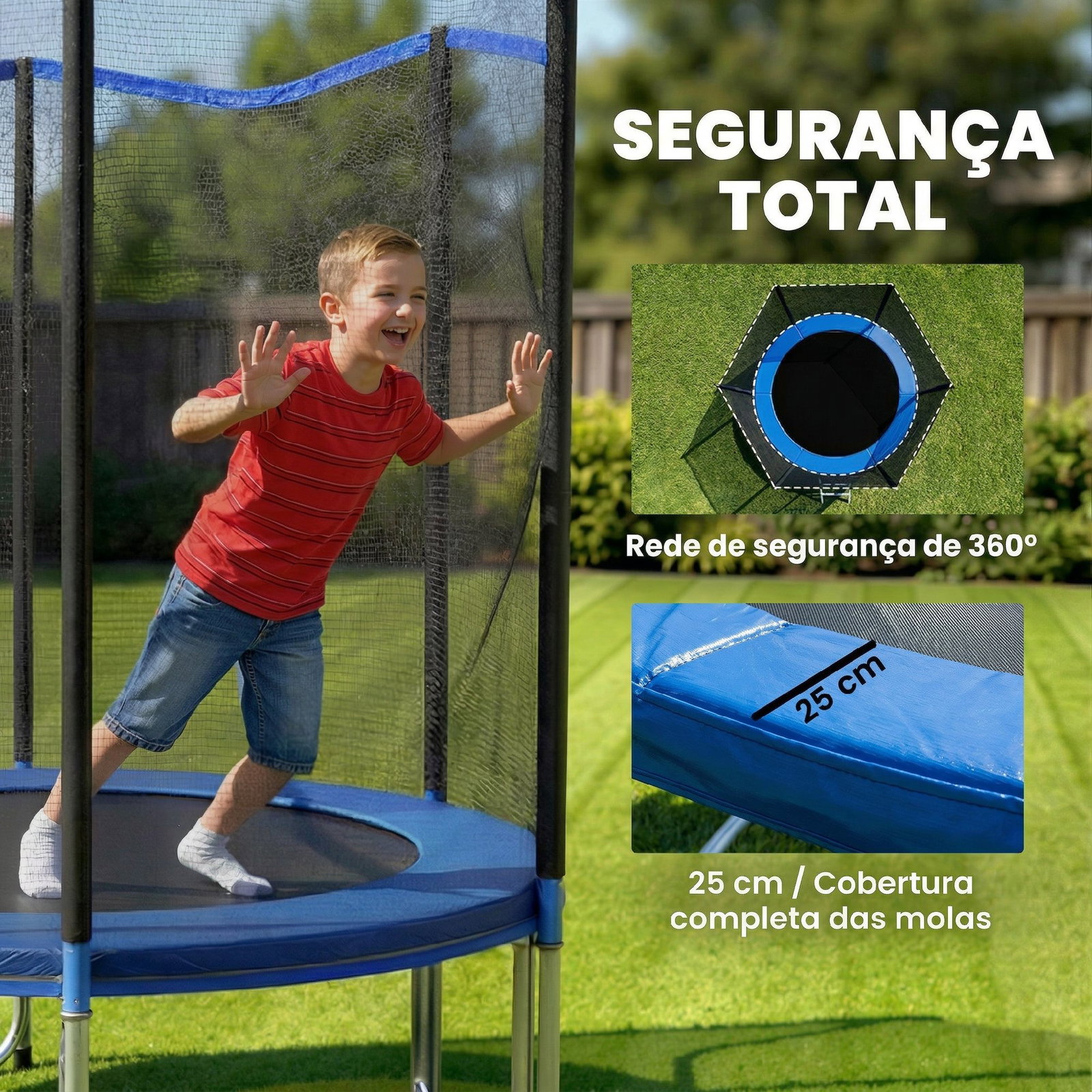 Trampolim para crianças exterior ø244 cm com rede de segurança escada acolchoamento de molas azul