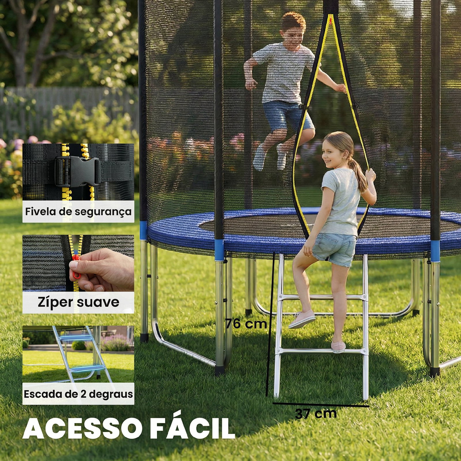 Trampolim para crianças exterior ø244 cm com rede de segurança escada acolchoamento de molas azul