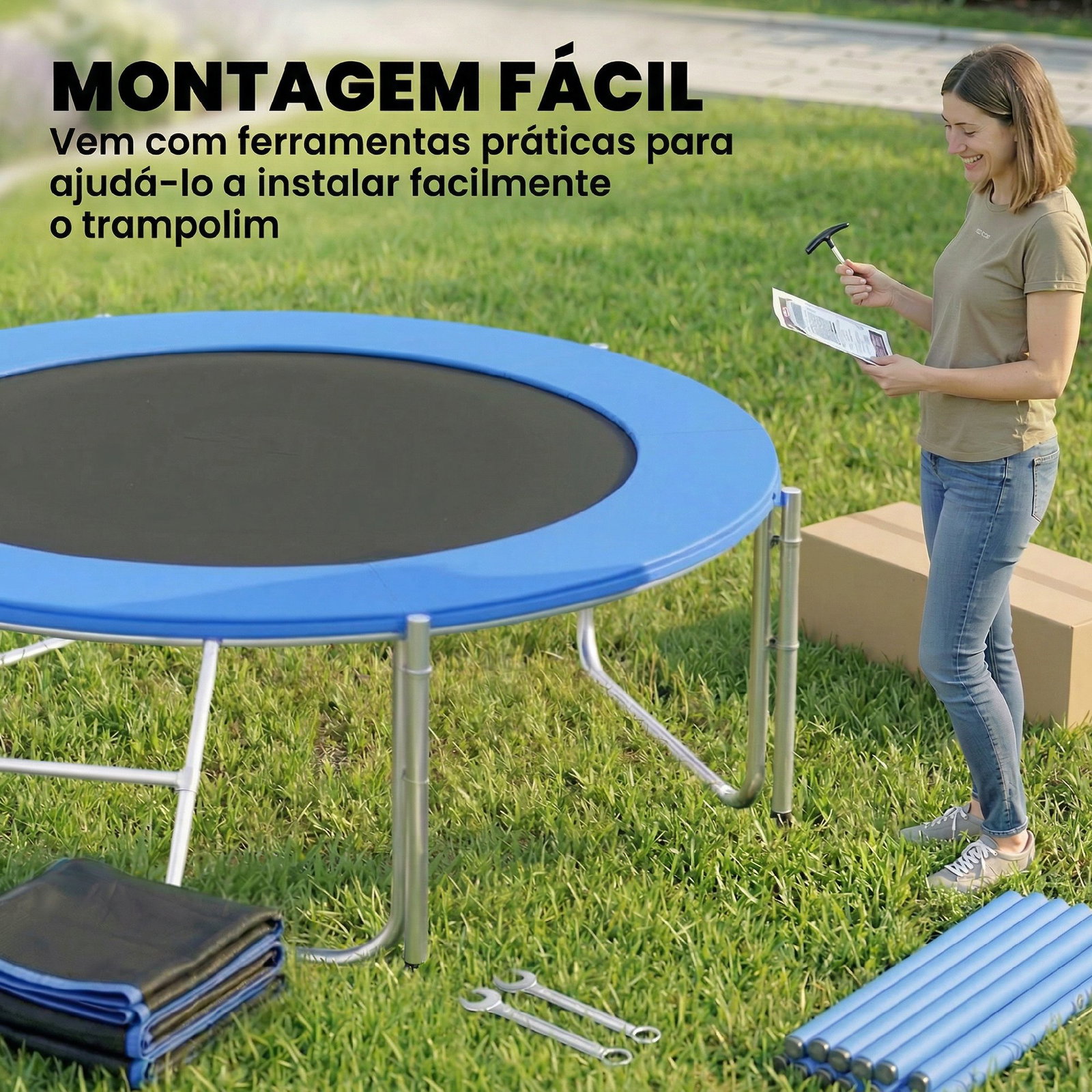 Trampolim para crianças exterior ø244 cm com rede de segurança escada acolchoamento de molas azul