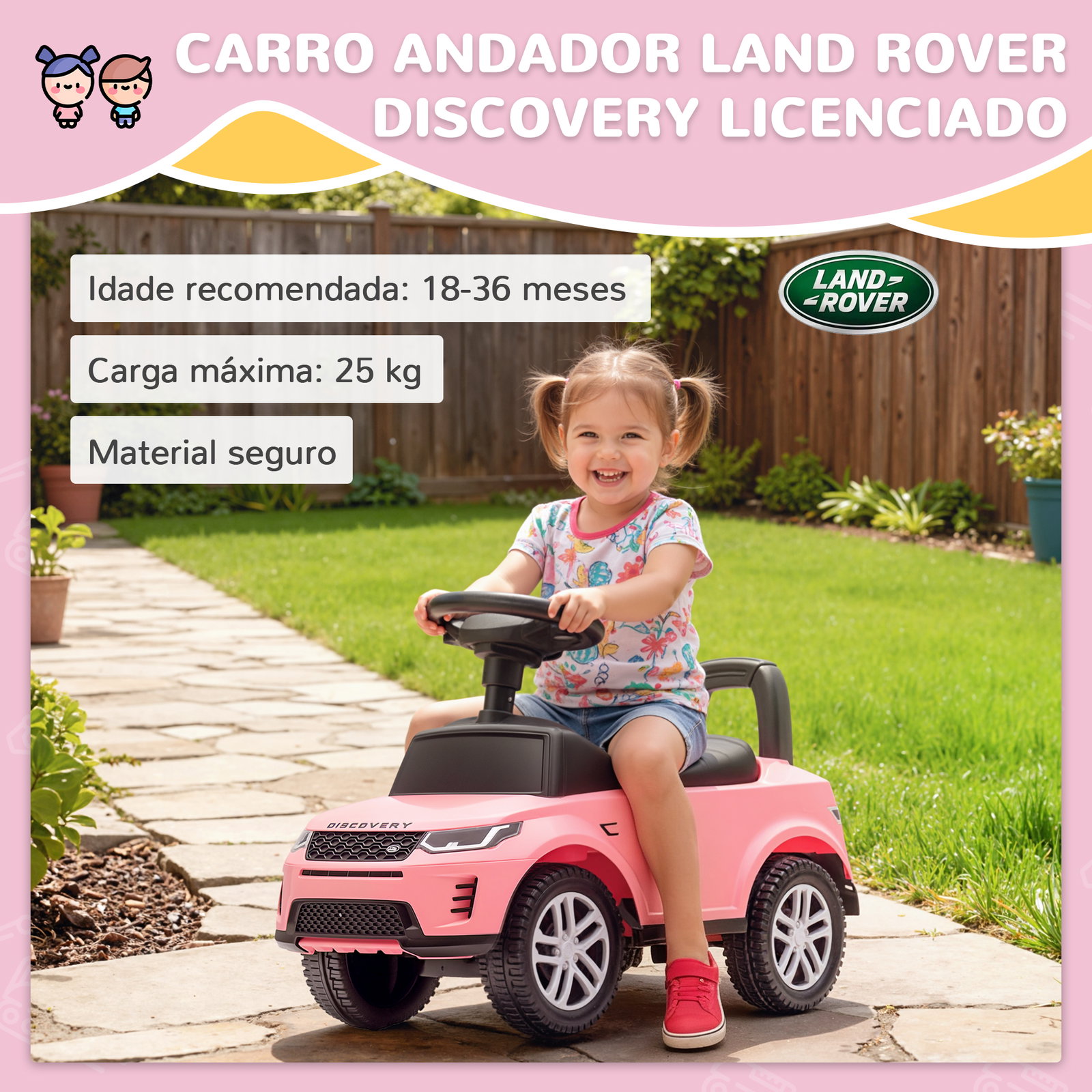 Carro andador para crianças com licença de land rover com armazenamento buzina sons de motor 65,5x28x42 cm rosa