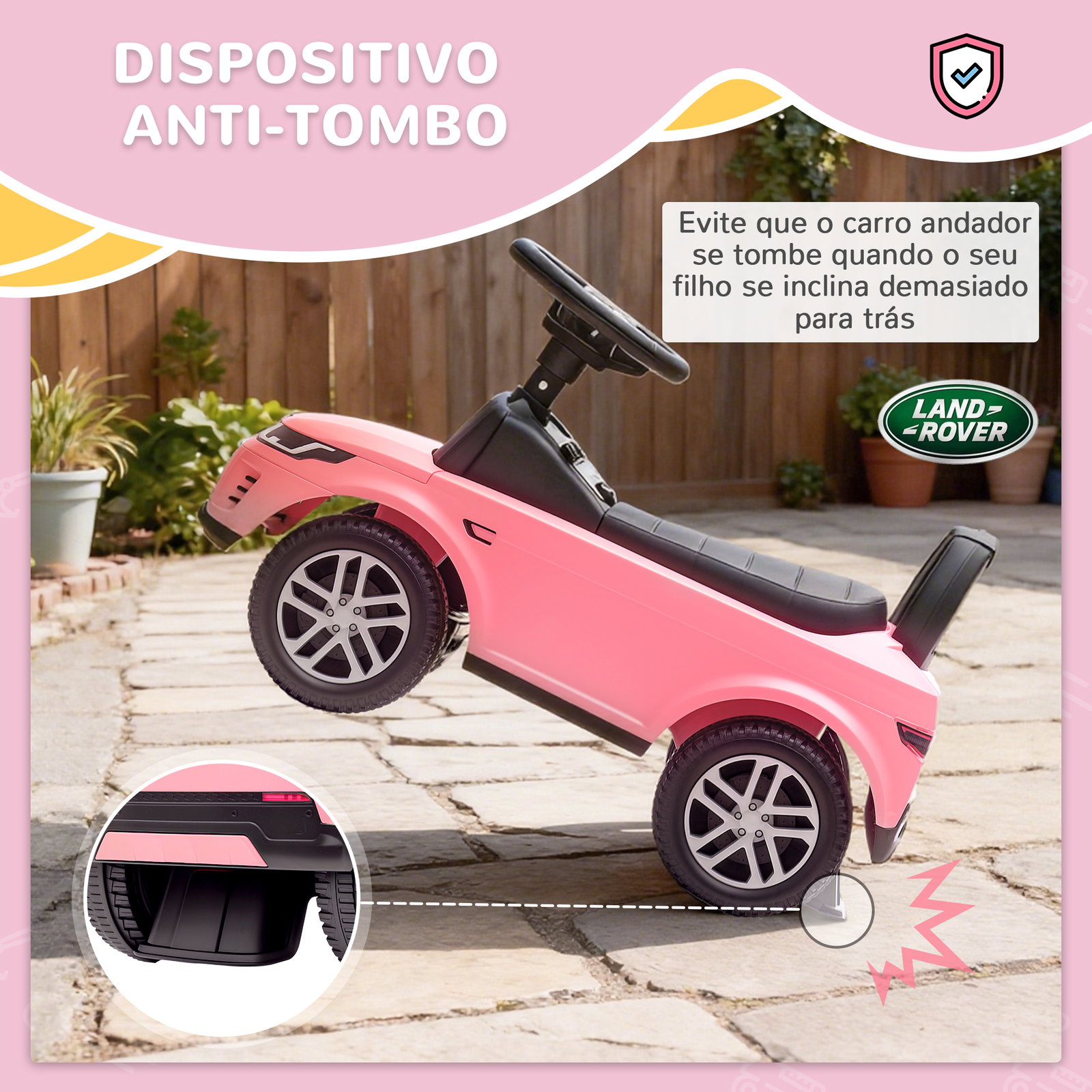 Carro andador para crianças com licença de land rover com armazenamento buzina sons de motor 65,5x28x42 cm rosa