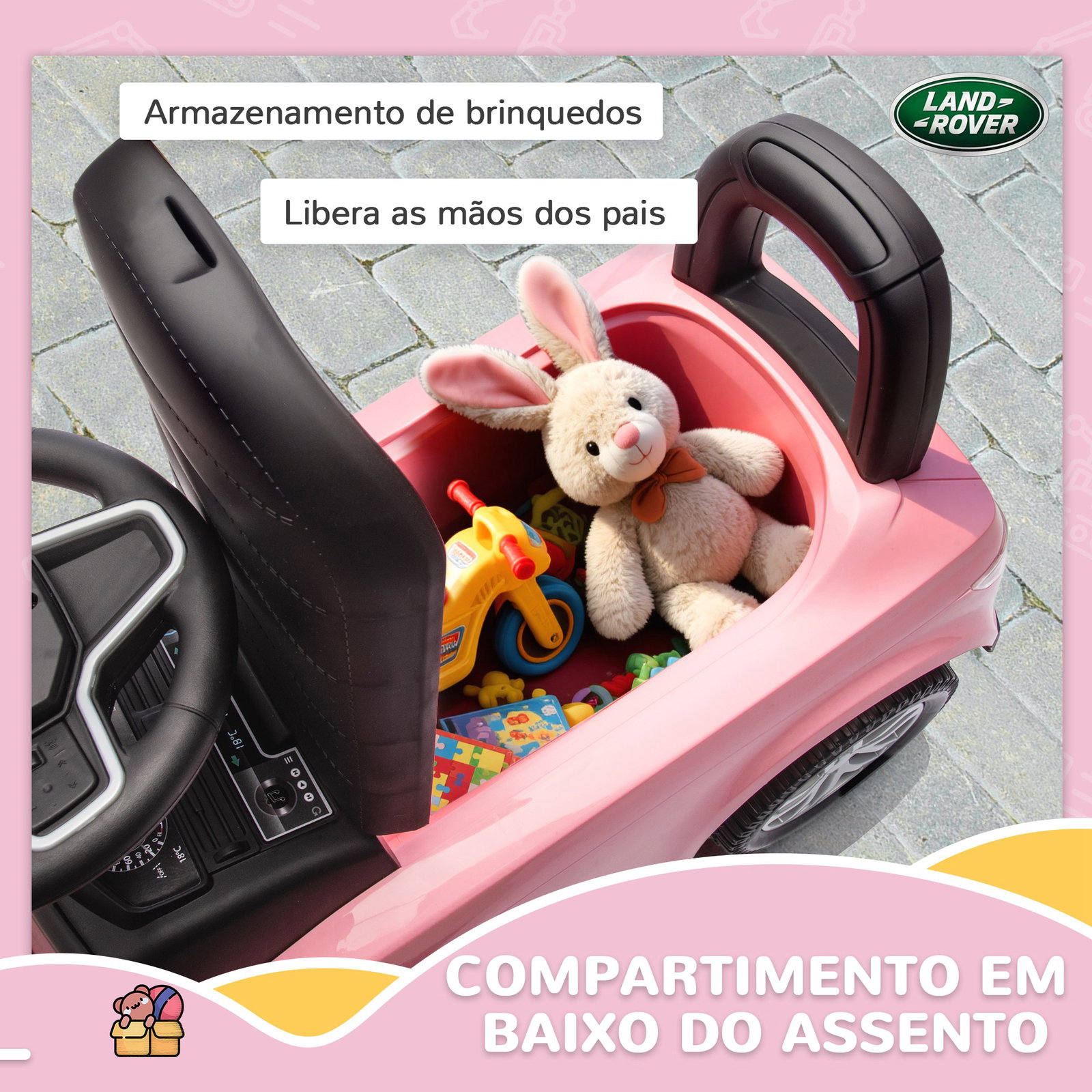 Carro andador para crianças com licença de land rover com armazenamento buzina sons de motor 65,5x28x42 cm rosa
