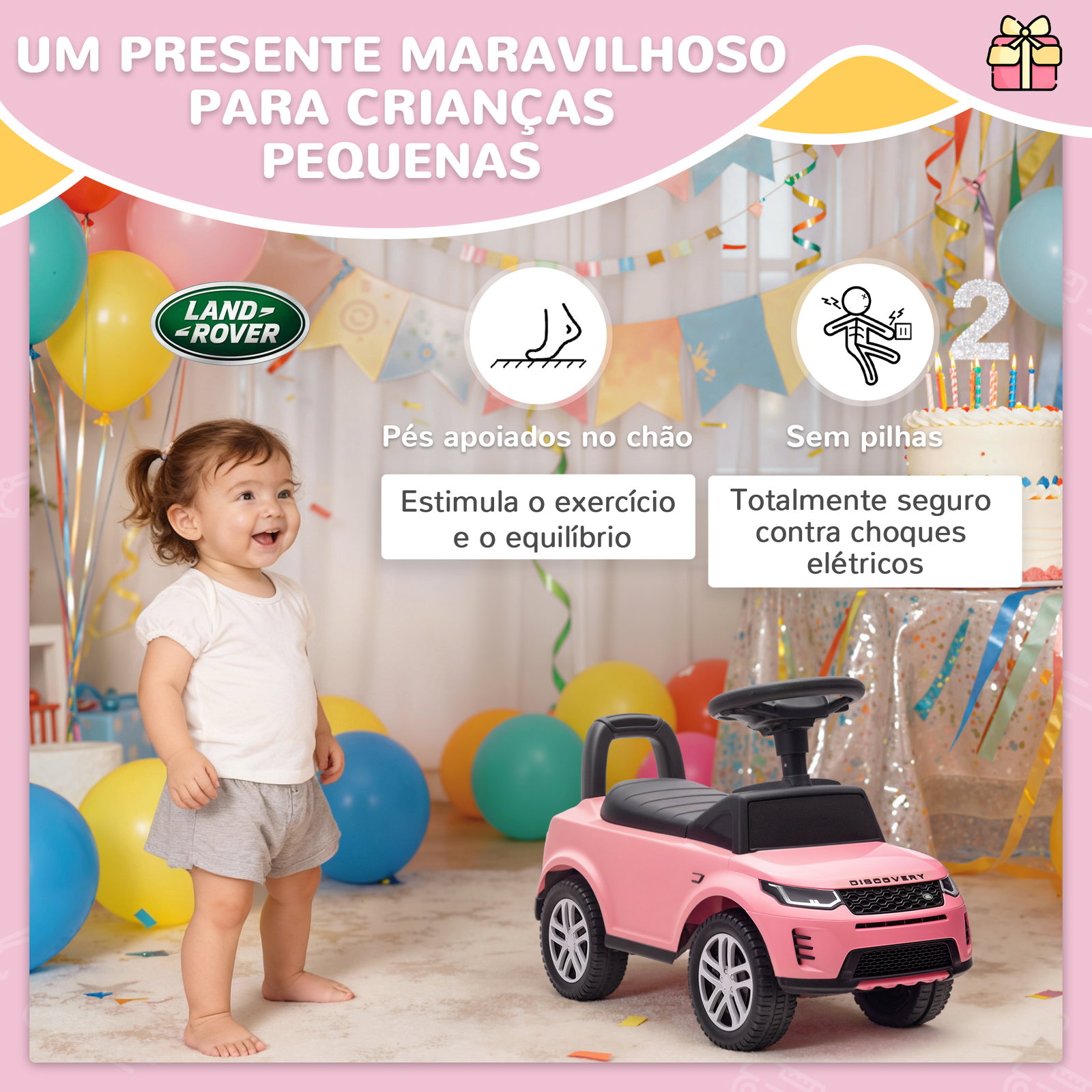 Carro andador para crianças com licença de land rover com armazenamento buzina sons de motor 65,5x28x42 cm rosa
