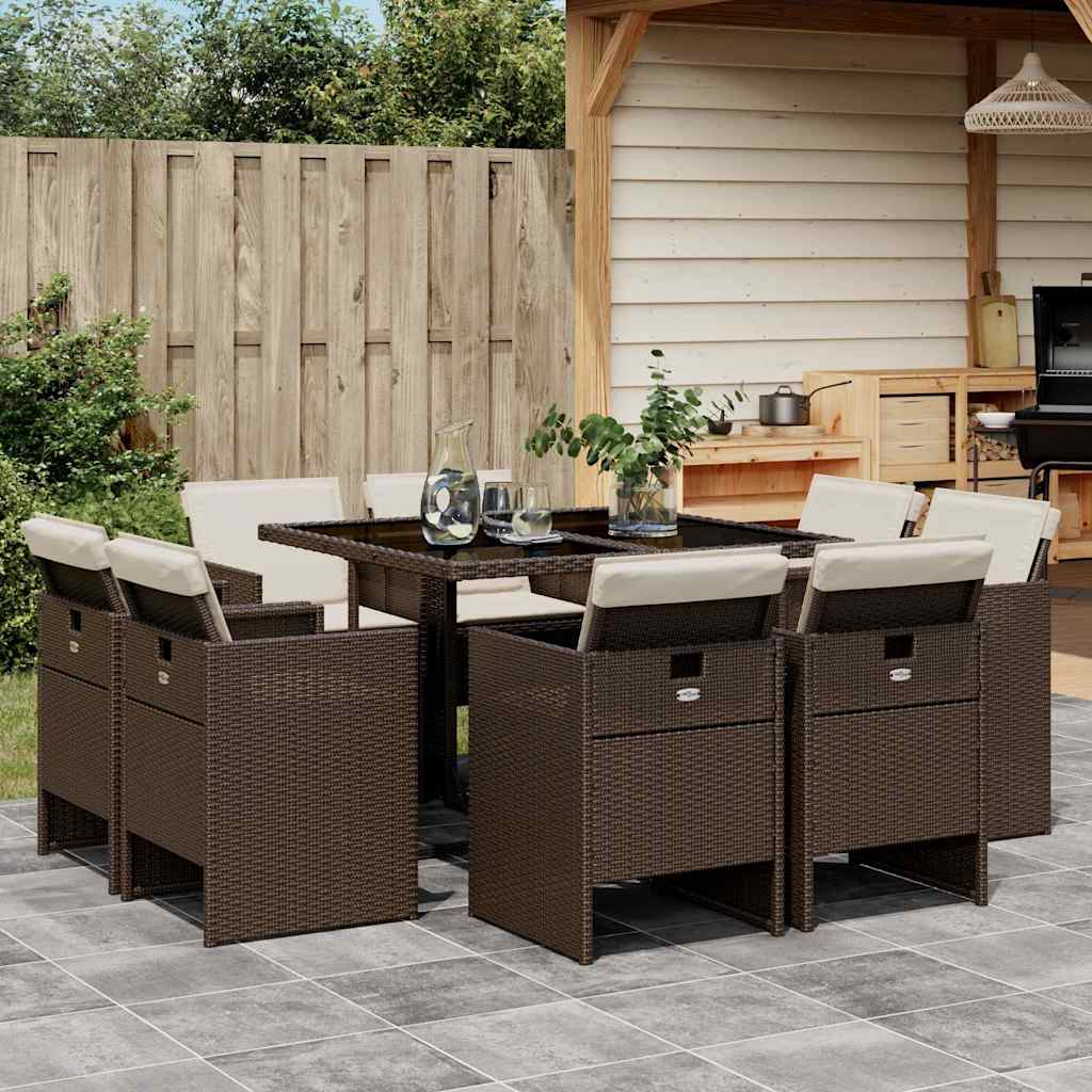 9 Pcs conjunto jantar p/ jardim c/ almofadões vime PE castanho