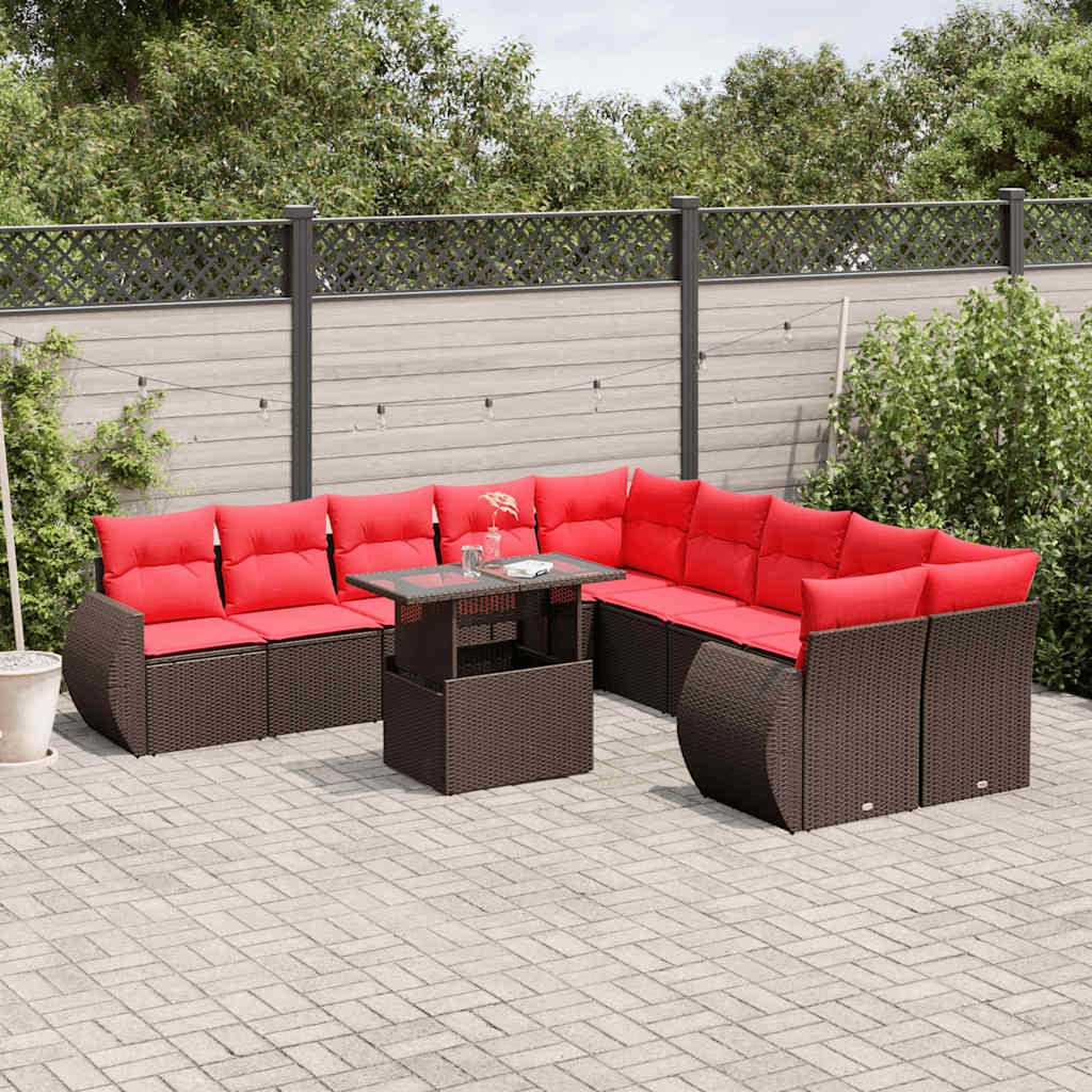 Conjunto de sofá de jardim com 11 peças e almofadas em rattan sintético marrom