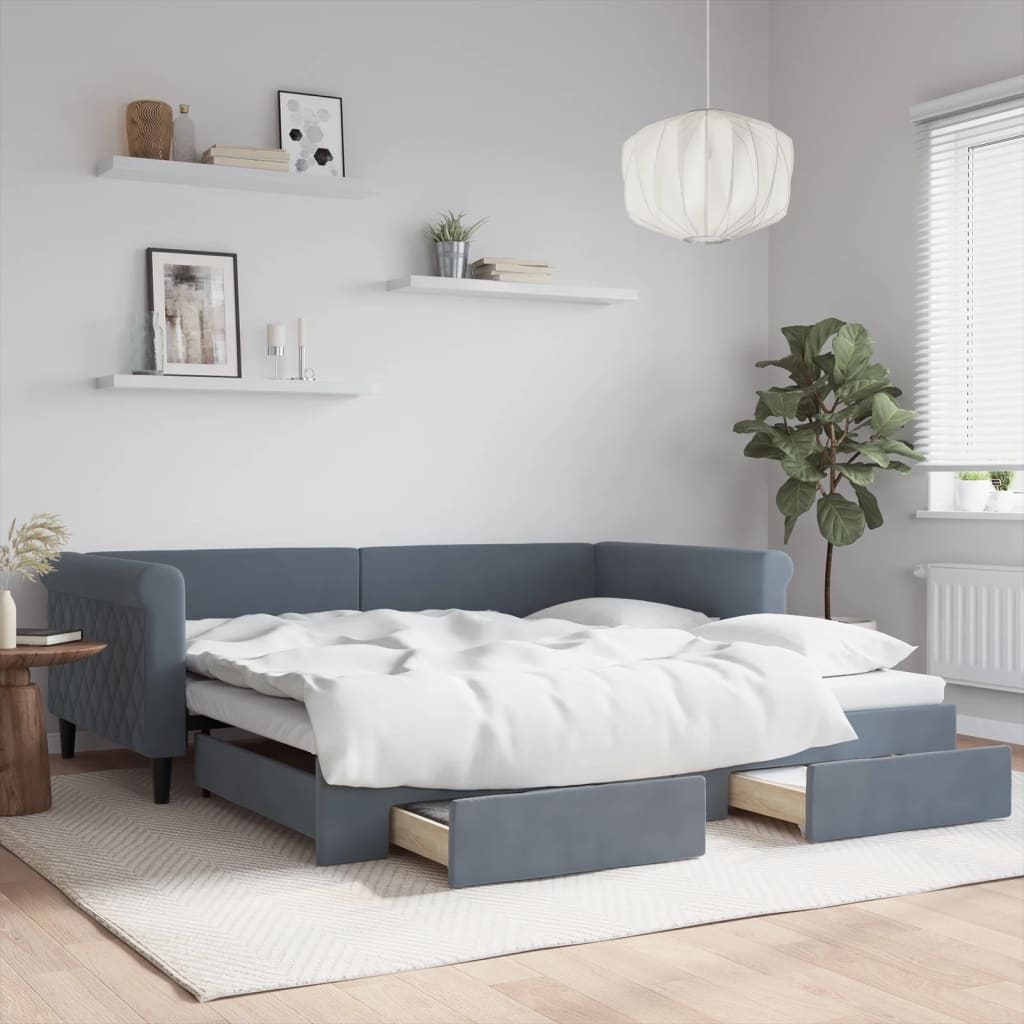 Sofá-cama c/ gavetão e gavetas 100x200cm veludo cinzento-escuro