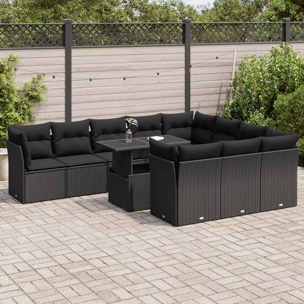 11 Pcs conjunto sofás de jardim c/ almofadões vime PE preto