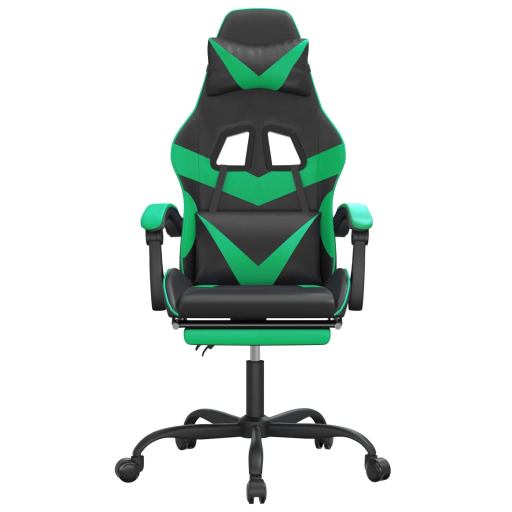 Cadeira gaming giratória c/ apoio pés couro artif. preto/verde