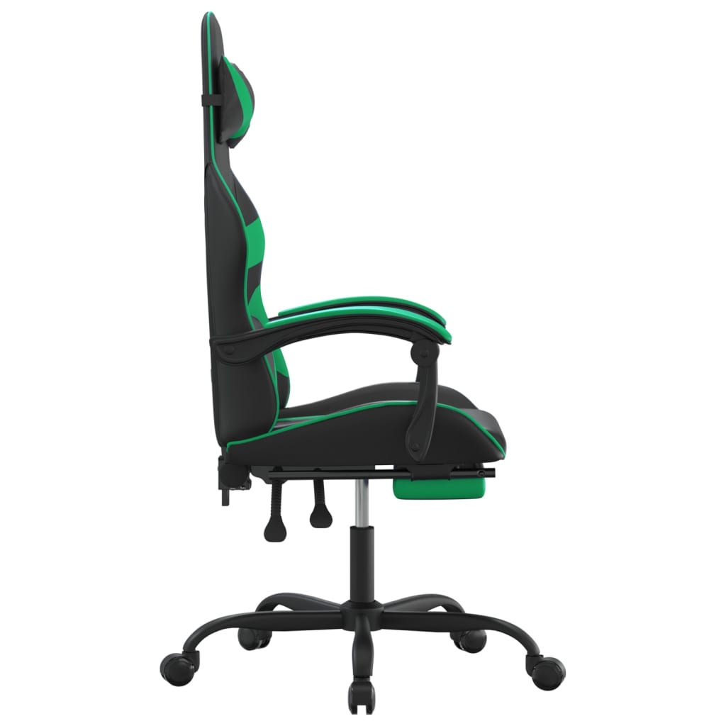 Cadeira gaming giratória c/ apoio pés couro artif. preto/verde