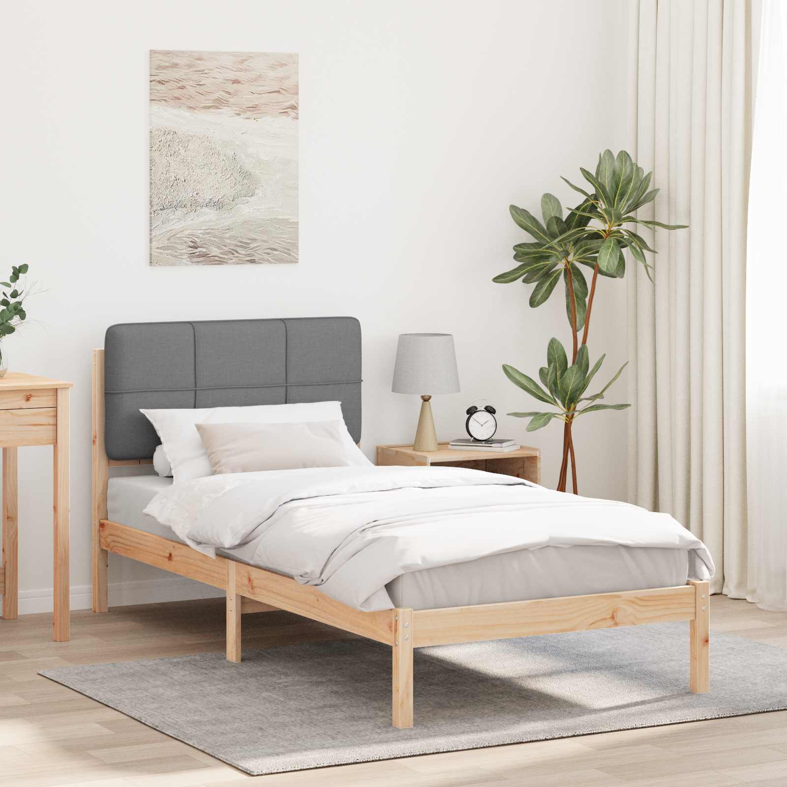 Estrutura de cama com cabeceira estofada cinzento-claro