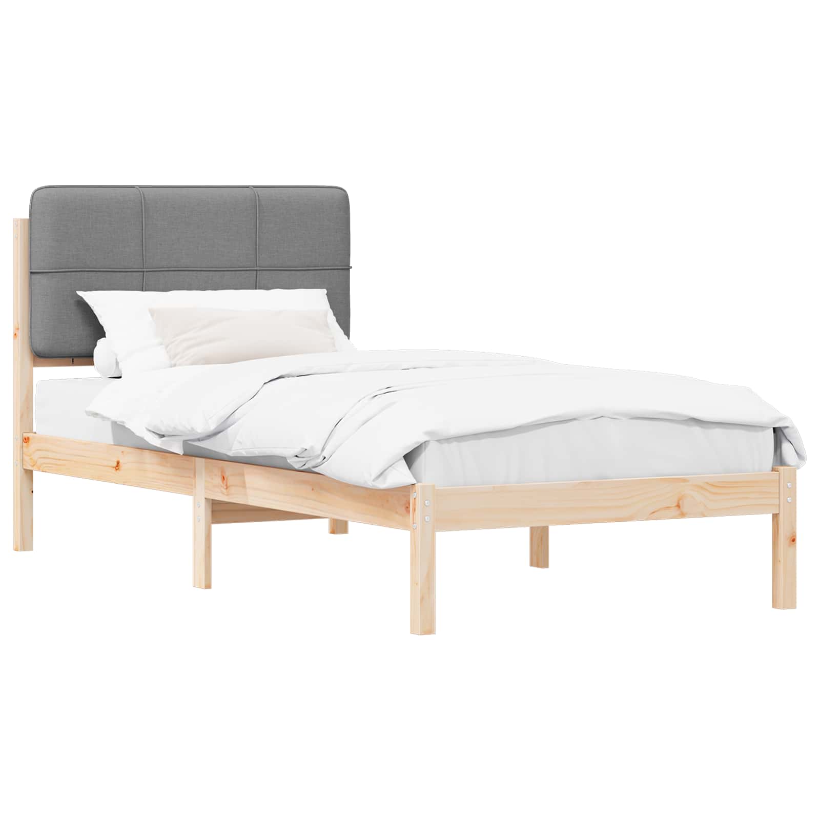 Estrutura de cama com cabeceira estofada cinzento-claro