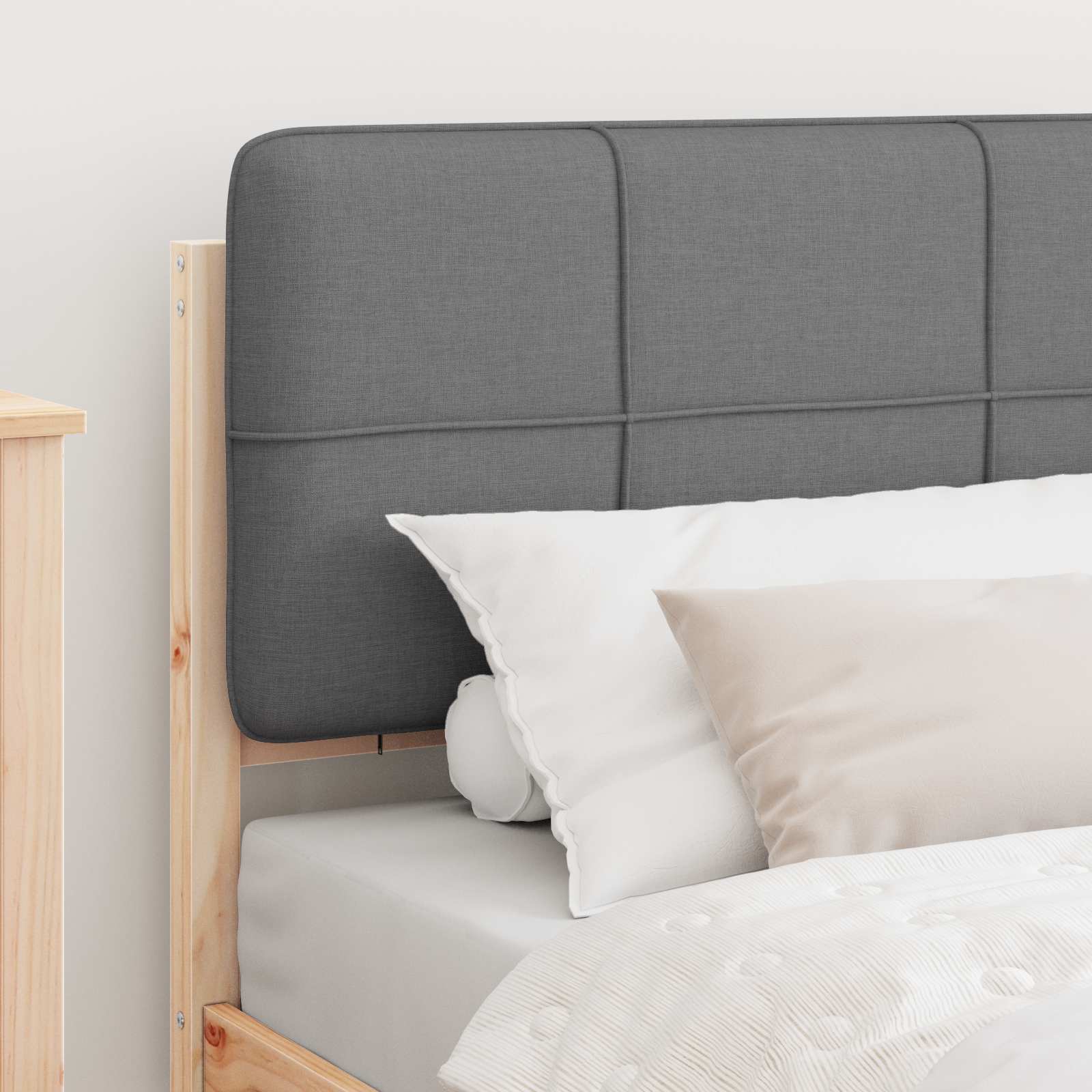 Estrutura de cama com cabeceira estofada cinzento-claro