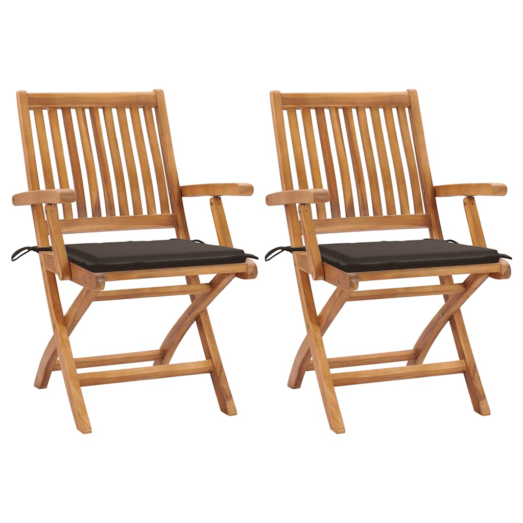 Cadeiras de jardim c/ almofadões cinza-acast. 2 pcs teca maciça