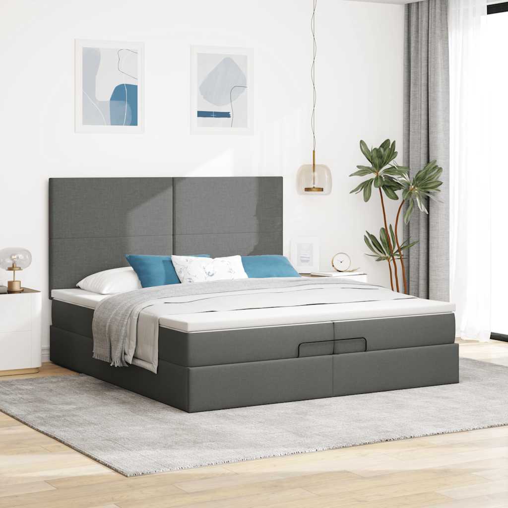 Estrutura de cama otomana com colchões tecido cinzento escuro