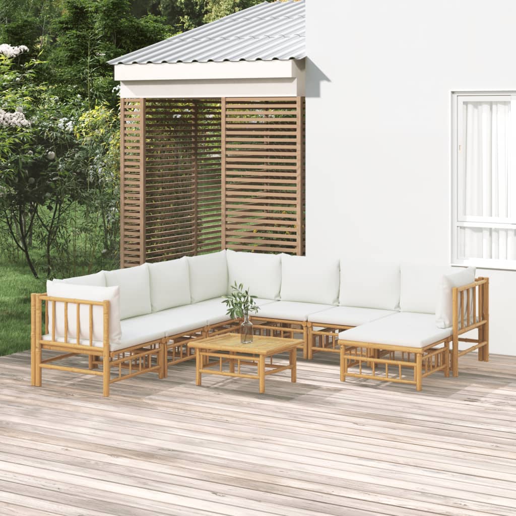 9 Pcs conjunto lounge de jardim bambu c/ almofadões branco nata