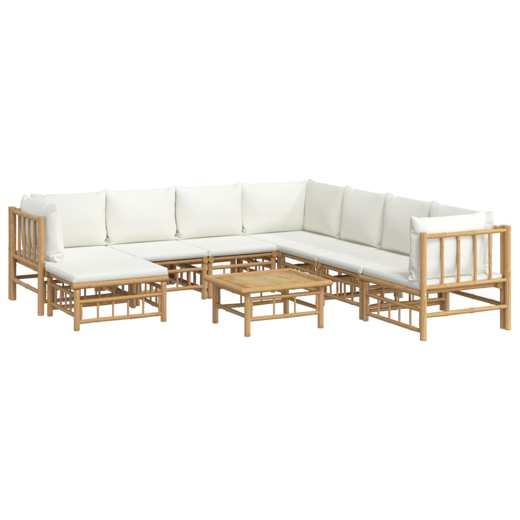 9 Pcs conjunto lounge de jardim bambu c/ almofadões branco nata