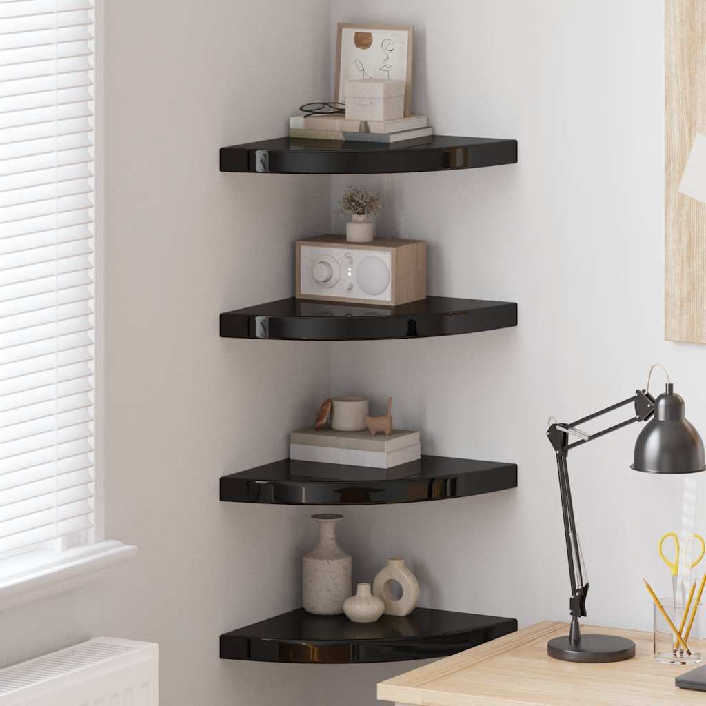 Prateleiras canto suspensas 4 pcs 35x35x3,8cm MDF preto brilh.