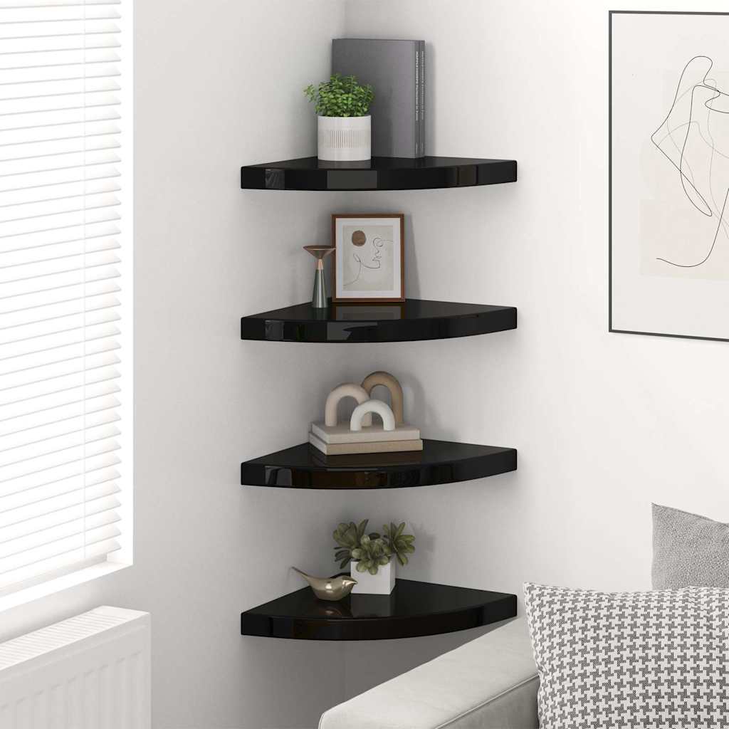 Prateleiras canto suspensas 4 pcs 35x35x3,8cm MDF preto brilh.