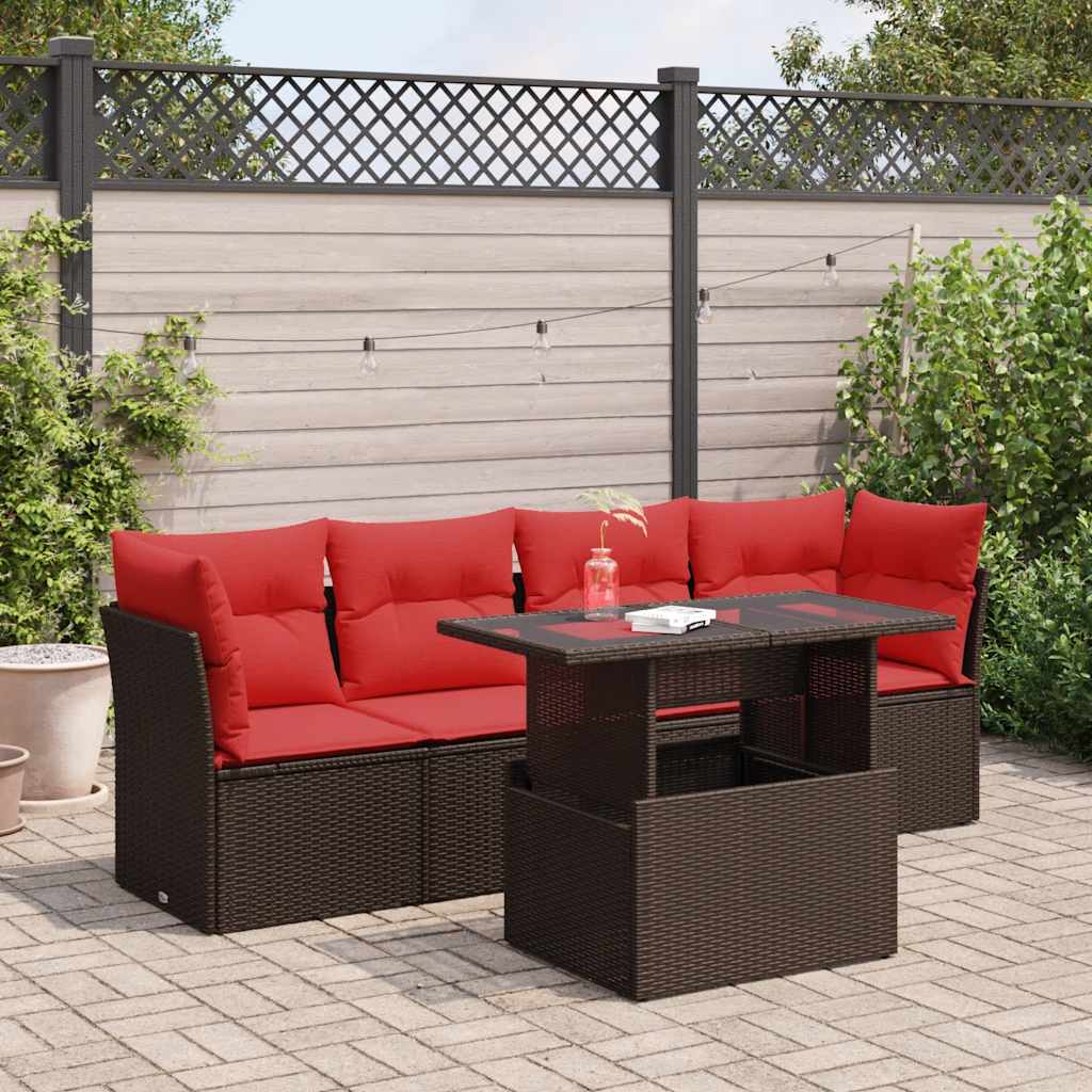 5 Pcs conj. sofás jardim c/ almofadões vime PE/acácia castanho