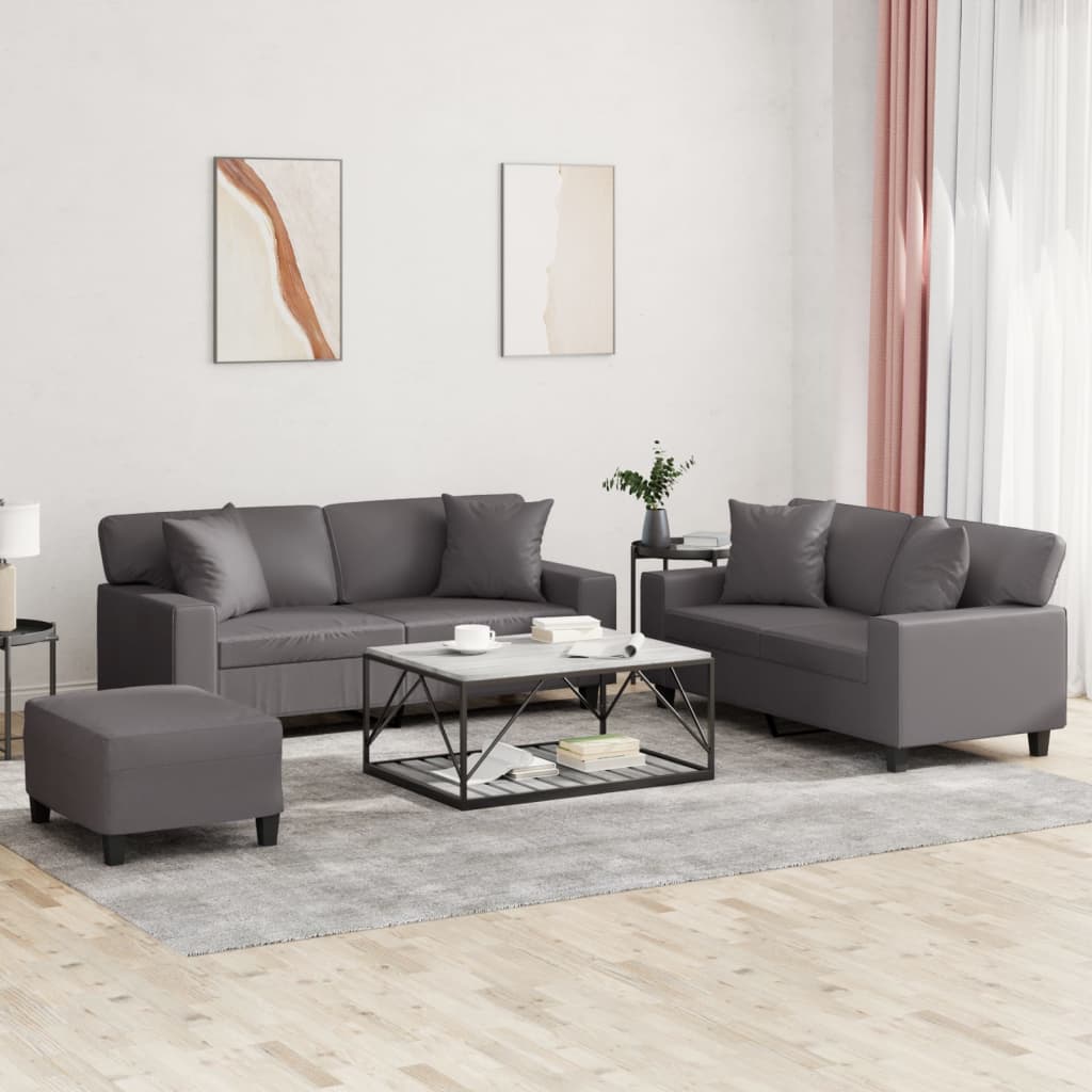 3 Pcs conjunto de sofás com almofadas couro artificial cinzento