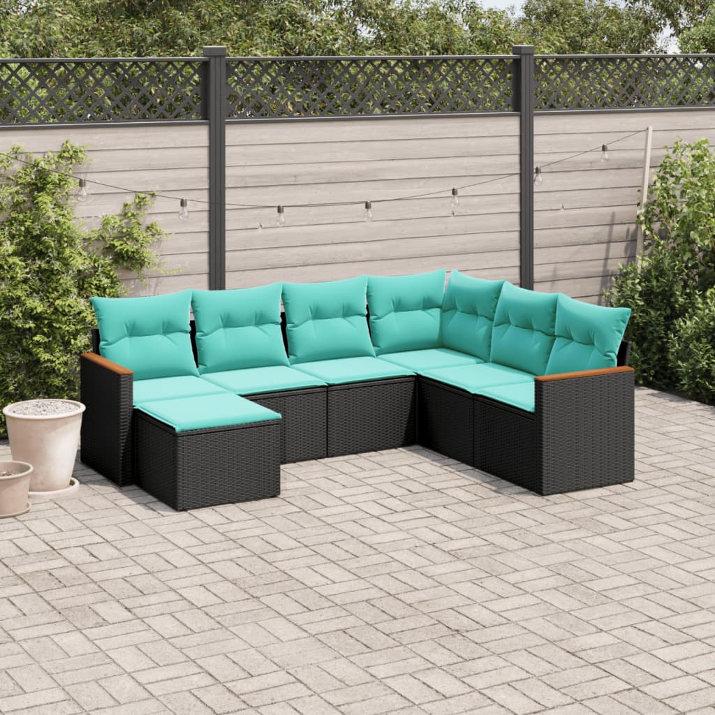 Conjunto de sofá de jardim com 7 peças e almofadas em rattan sintético preto