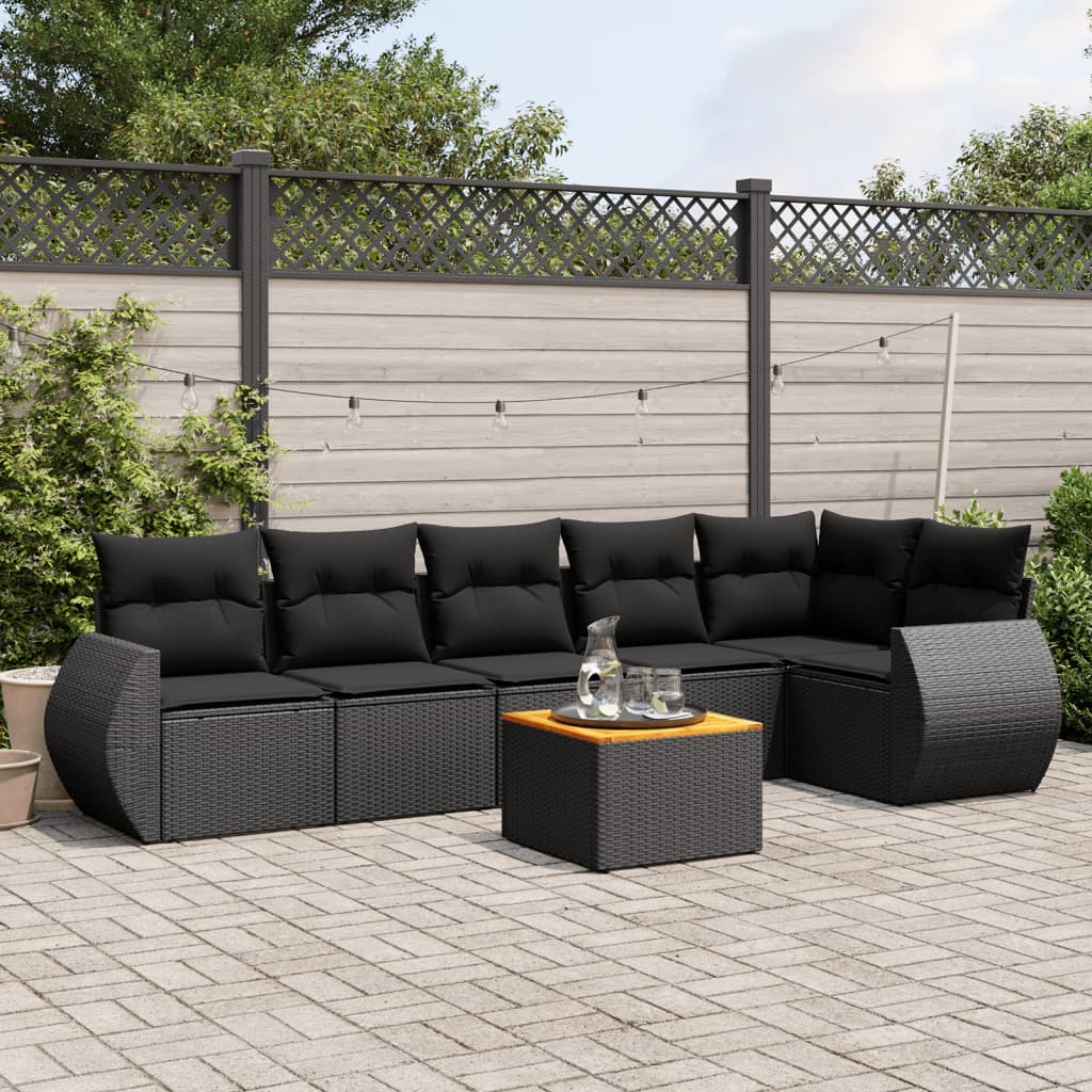 7 Pcs conjunto de sofás p/ jardim c/ almofadões vime PE preto